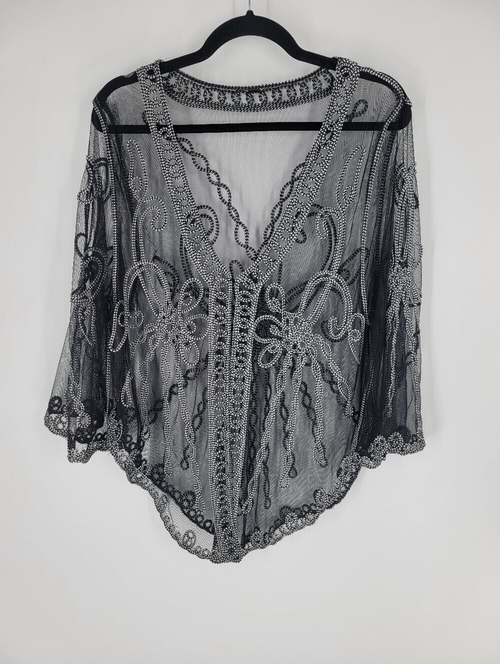 Sheer Black Embroidered Kimono Cover-Up Size M